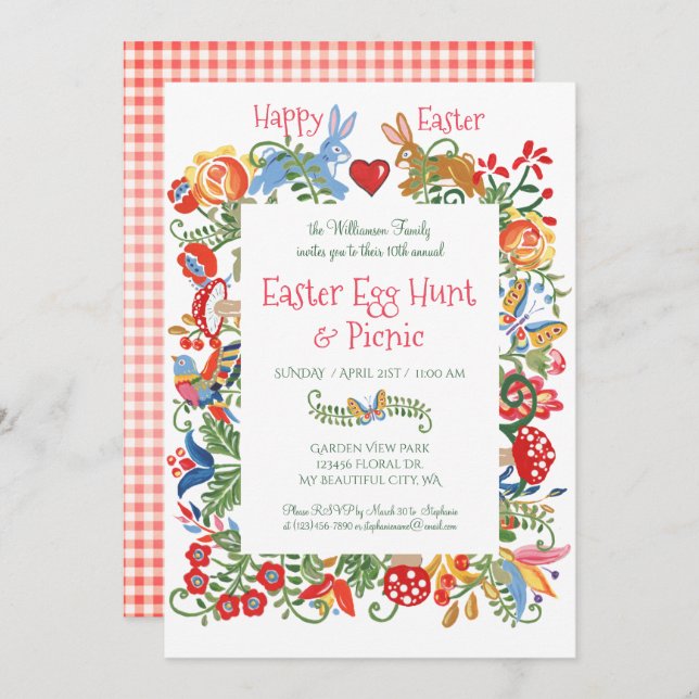 Easter Folk Art Bunny Rabbit Pink Gingham Egg Hunt Invitation (Front/Back)