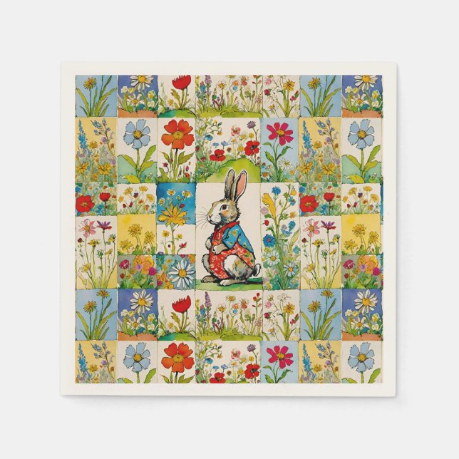 Easter Garden Bunny Wildflower Floral Patchwork Napkin (Front)