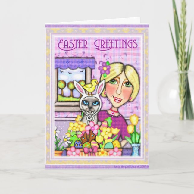 Easter Gift Basket Cat & Lady Greeting Card (Front)