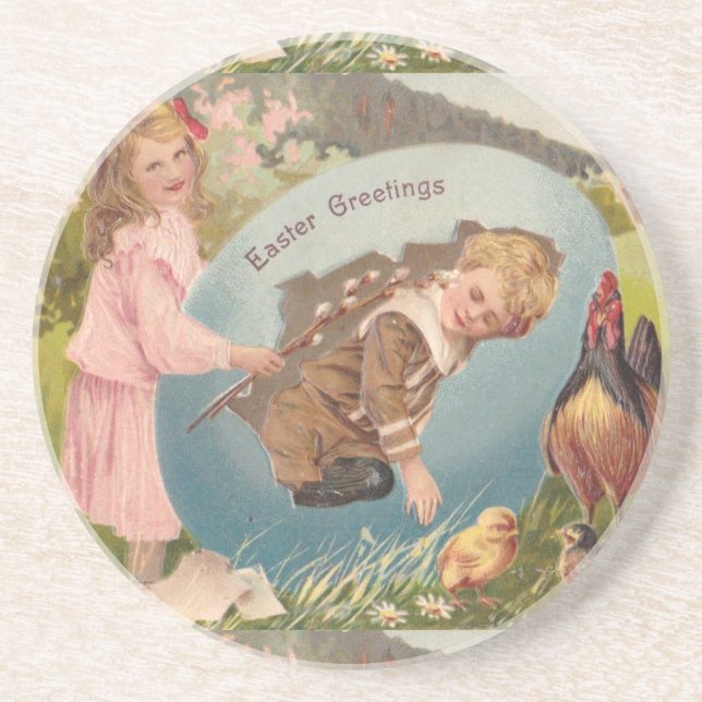 Easter Girl and Boy Victorian Antique Postcard Coaster (Front)