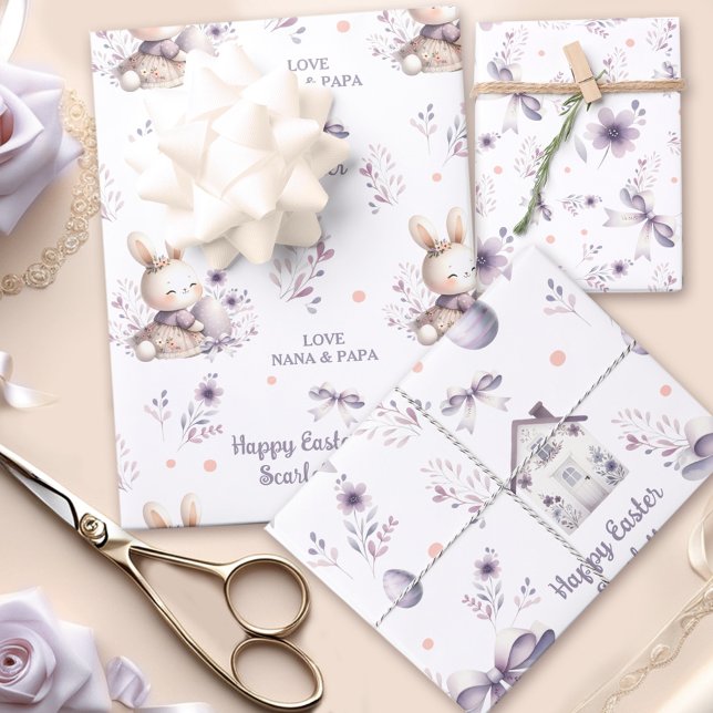 Easter Girl Bunny Personalised Name Purple Wrapping Paper Sheet (Easter Girl Bunny Personalized Name Purple Wrapping Paper Sheets)