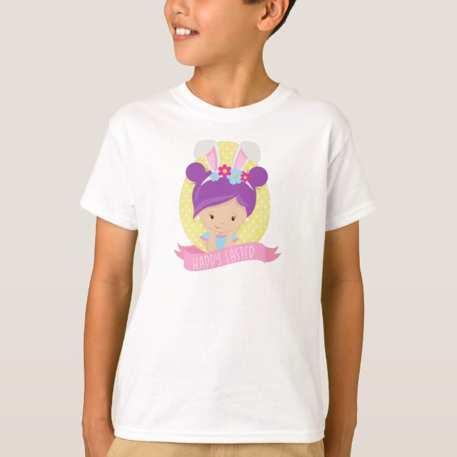 Easter Girl, Easter Egg, Purple Hair, Bunny Ears T-Shirt (Front)