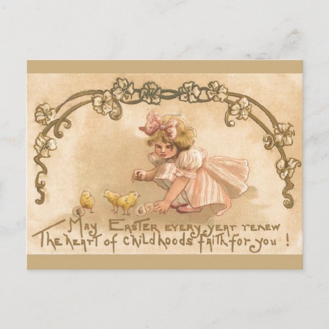 Easter- Girl Pink Dress Chicks - Antique Postcard (Front)