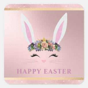 Easter Girly Blush Pink Floral Bunny Square Sticker