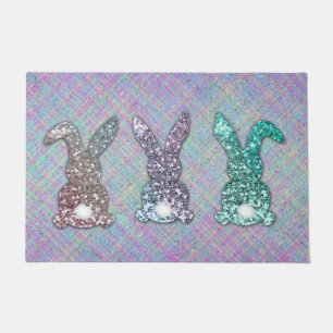 Easter Glitter Pastel Glam Bunnies On Plaid Doormat