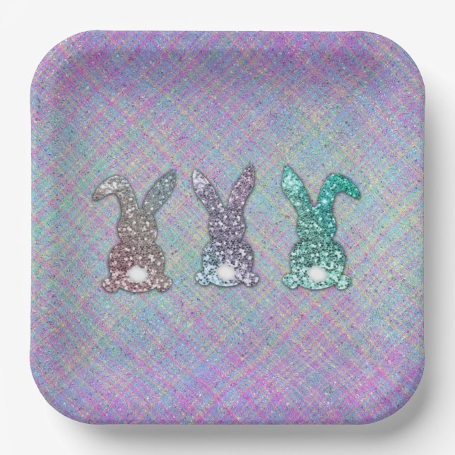 Easter Glitter Pastel Glam Bunnies On Plaid  Paper Plate (Front)