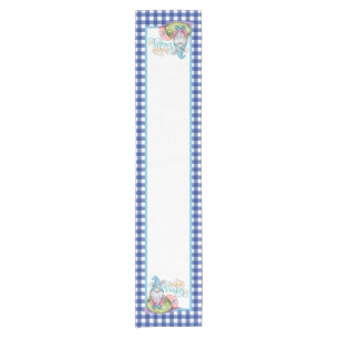 Easter Gnome Bunny Blue Gingham  Short Table Runner