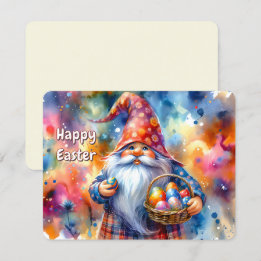 Easter Gnome holding Colourful Egg and Basket - Holiday Card