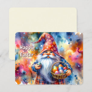 Easter Gnome holding Colourful Egg and Basket - Holiday Card