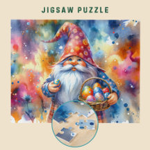 Easter Gnome holding Colourful Egg and Basket -