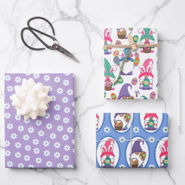Easter Gnomes And Flowers Wrapping Paper Sheets (Front)
