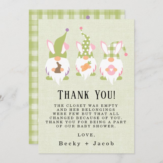Easter Gnomes Green Baby Shower Thank You Card (Front/Back)