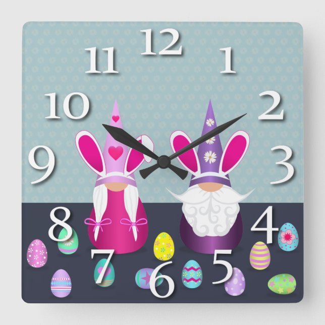 Easter Gnomes Square Wall Clock (Front)