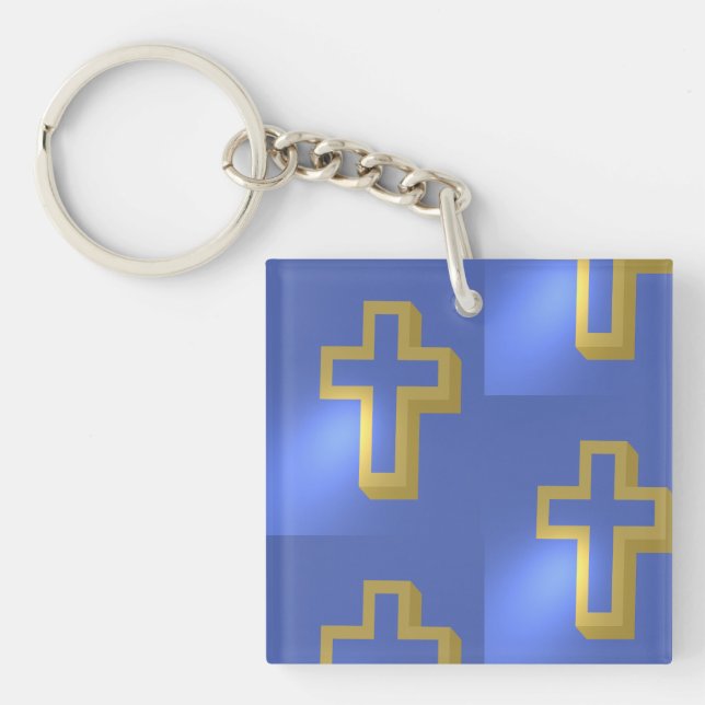 Easter Gold Christian Religious Cross Blue Pattern Key Ring (Front)