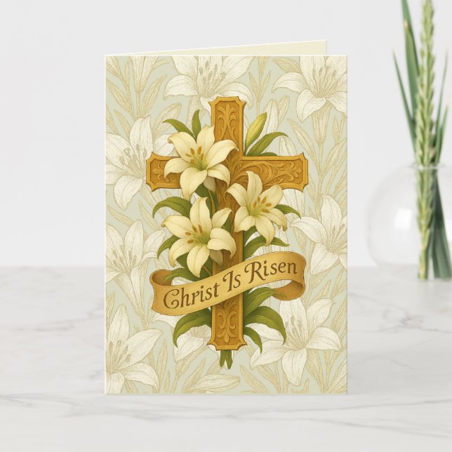 Easter Gold  Cross Lilies Christ is Risen  Holiday Card (Front)