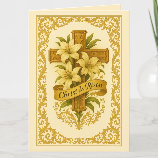 Easter Gold  Cross Lilies Christ is Risen  Holiday Card (Creator Uploaded)