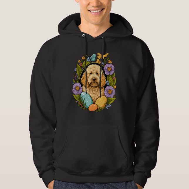 Easter Golden Doodle Bunny Eggs Dog on Easter Gold Hoodie (Front)