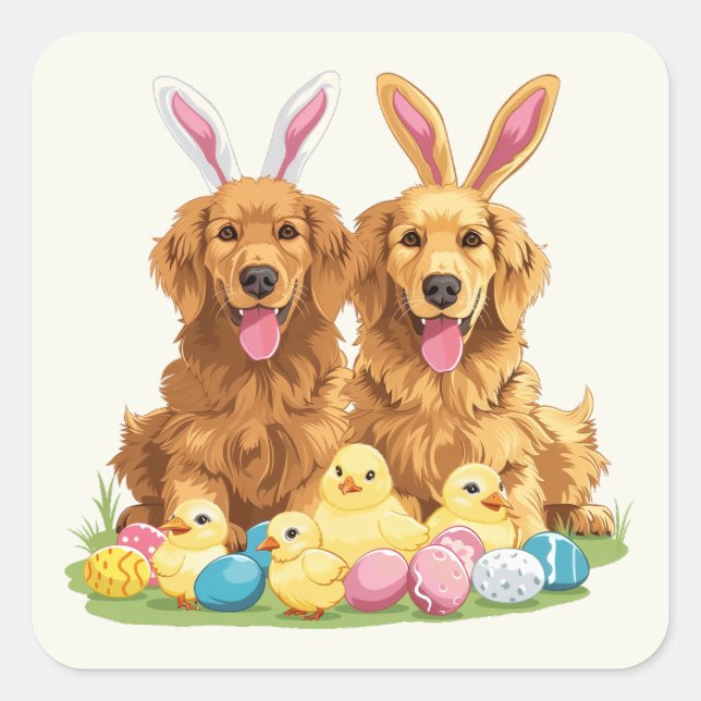 Easter Golden Retriever Dogs Bunny Ears Square Sticker (Front)