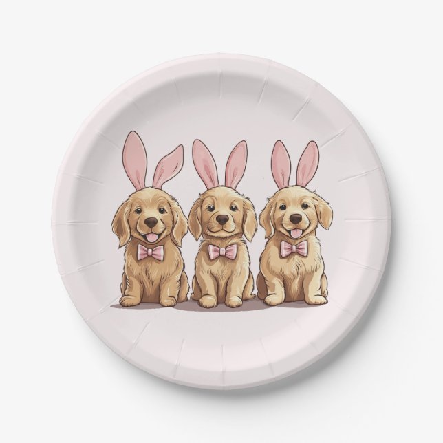 Easter Golden Retriever Puppy Dogs Bunny Ears Paper Plate (Front)