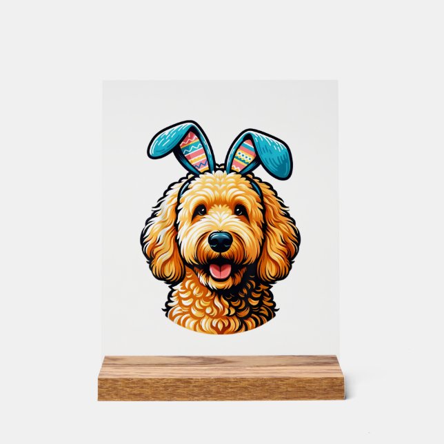 Easter Goldendoodle Dog Wearing Bunny Ears, Easter Acrylic Sign (Front)