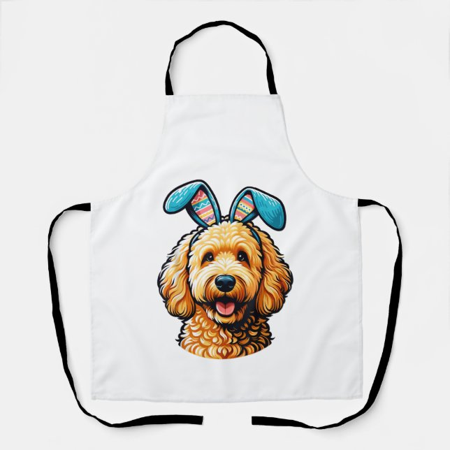 Easter Goldendoodle Dog Wearing Bunny Ears, Easter Apron (Front)