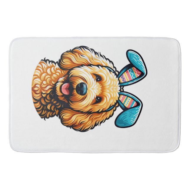 Easter Goldendoodle Dog Wearing Bunny Ears, Easter Bath Mat (Front)