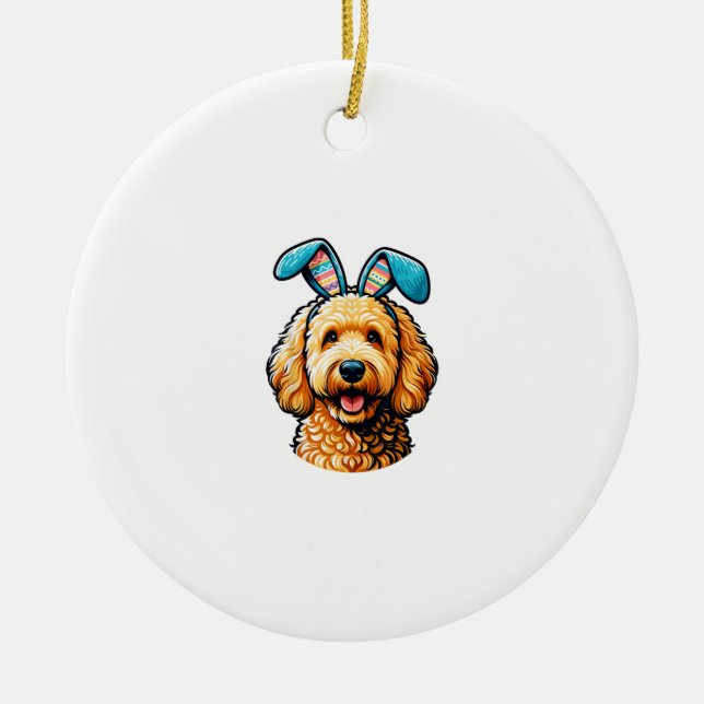 Easter Goldendoodle Dog Wearing Bunny Ears, Easter Ceramic Ornament (Front)