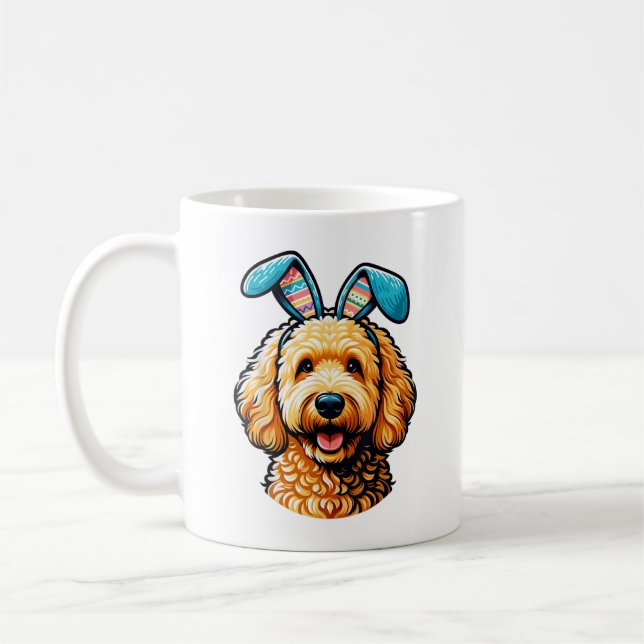 Easter Goldendoodle Dog Wearing Bunny Ears, Easter Coffee Mug (Left)