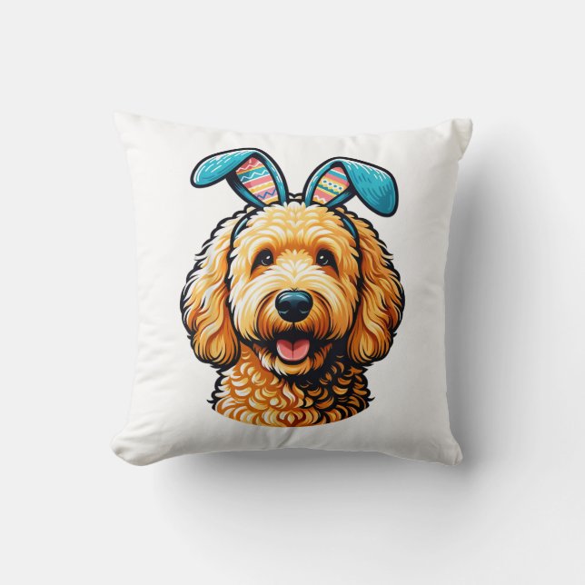 Easter Goldendoodle Dog Wearing Bunny Ears, Easter Cushion (Front)