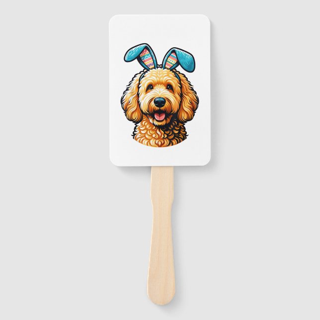 Easter Goldendoodle Dog Wearing Bunny Ears, Easter Hand Fan (Front)
