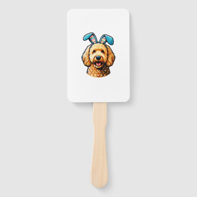 Easter Goldendoodle Dog Wearing Bunny Ears, Easter Hand Fan (Front)