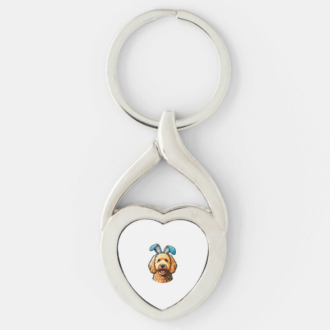 Easter Goldendoodle Dog Wearing Bunny Ears, Easter Key Ring (Front)