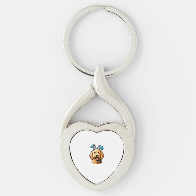 Easter Goldendoodle Dog Wearing Bunny Ears, Easter Key Ring (Front)