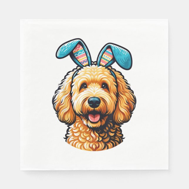 Easter Goldendoodle Dog Wearing Bunny Ears, Easter Napkin (Front)