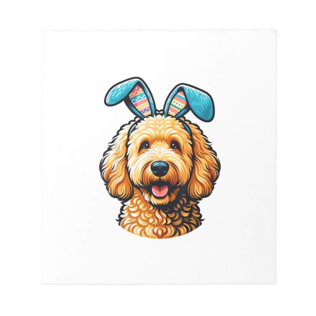 Easter Goldendoodle Dog Wearing Bunny Ears, Easter Notepad (Front)