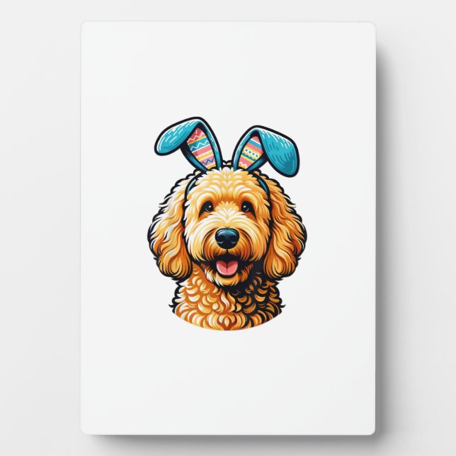 Easter Goldendoodle Dog Wearing Bunny Ears, Easter Plaque (Front)