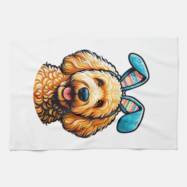 Easter Goldendoodle Dog Wearing Bunny Ears, Easter Tea Towel (Horizontal)