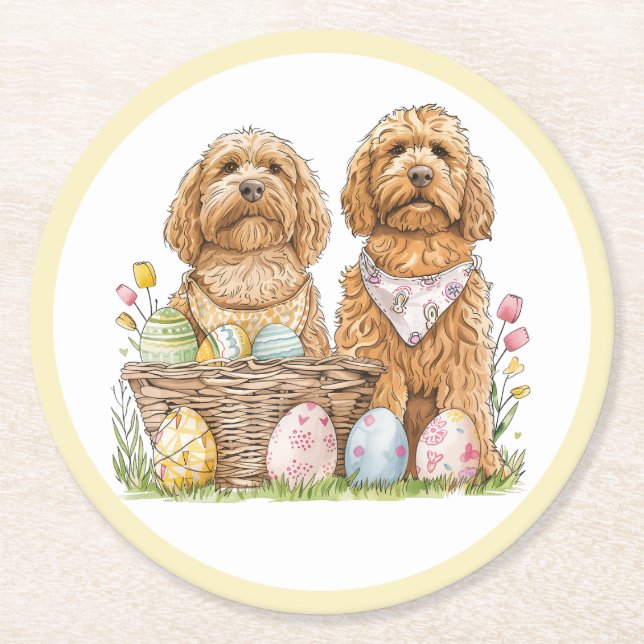 Easter Goldendoodle Dogs Round Paper Coaster (Front)