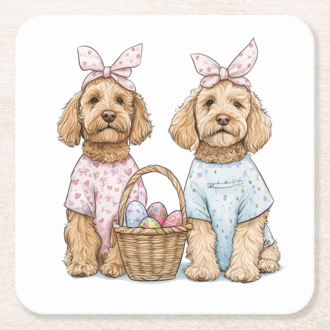 Easter Goldendoodle Dogs Square Paper Coaster (Front)