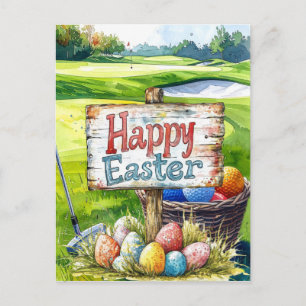 Easter Golf balls and eggs tin golf course  Holiday Postcard