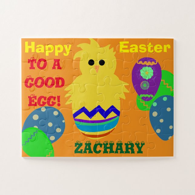 Easter Good Egg Yellow Chick Personalized NAME Jigsaw Puzzle (Horizontal)