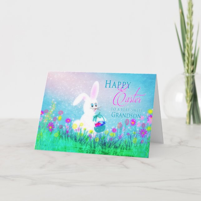 Easter Greeting - Grandson - Easter Bunny -Flowers Holiday Card (Front)
