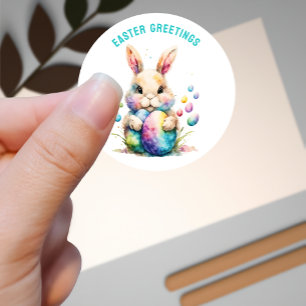 Easter Greetings Bunny and Its Painted Eggs Classic Round Sticker
