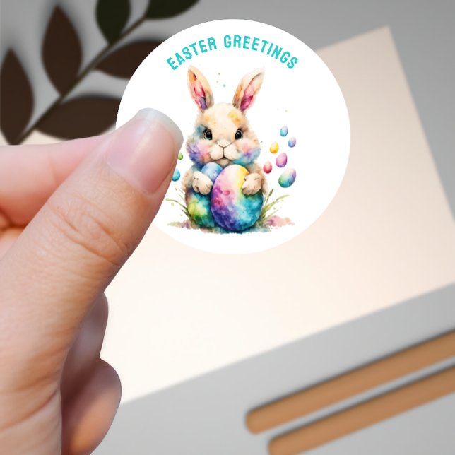 Easter Greetings Bunny and Its Painted Eggs Classic Round Sticker (Creator Uploaded)