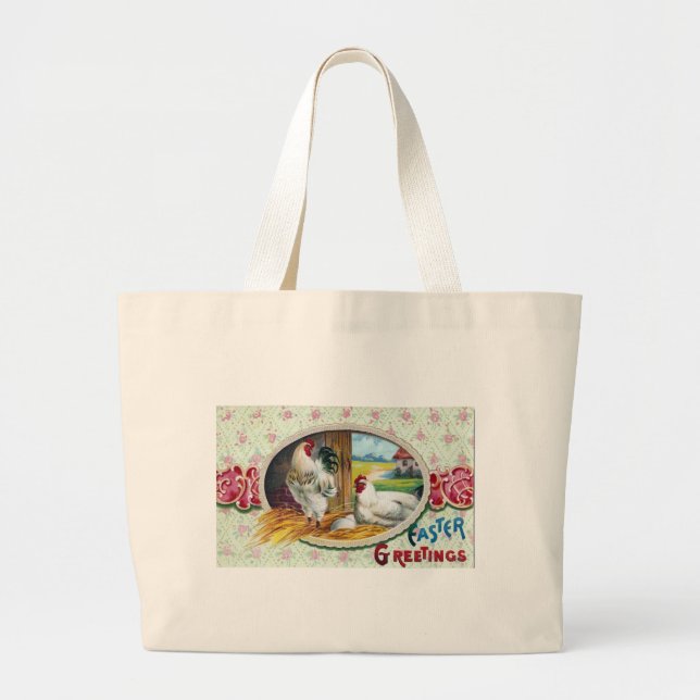 Easter Greetings Chickens Large Tote Bag (Front)