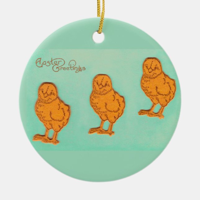 Easter Greetings Chicks Green Ceramic Ornament (Front)