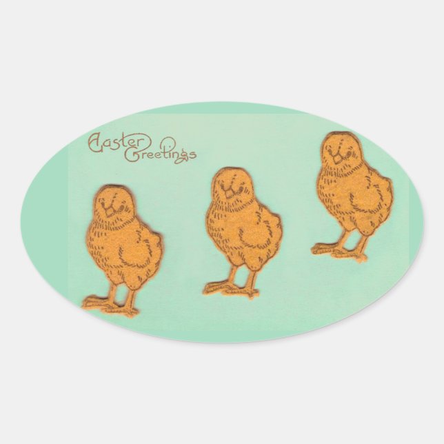 Easter Greetings Chicks Green Oval Sticker (Front)
