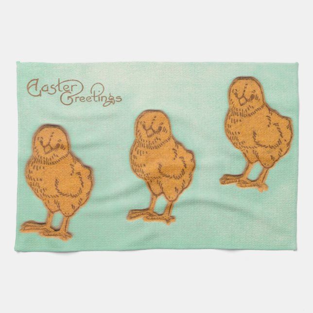 Easter Greetings Chicks Green Tea Towel (Horizontal)
