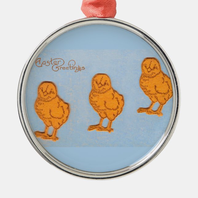 Easter Greetings Chicks in Blue Metal Ornament (Front)