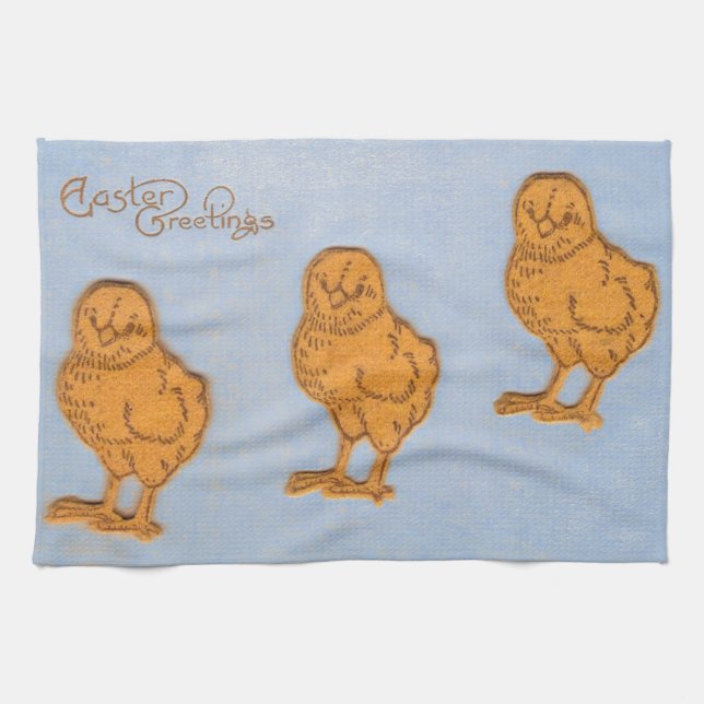 Easter Greetings Chicks in Blue Tea Towel (Horizontal)